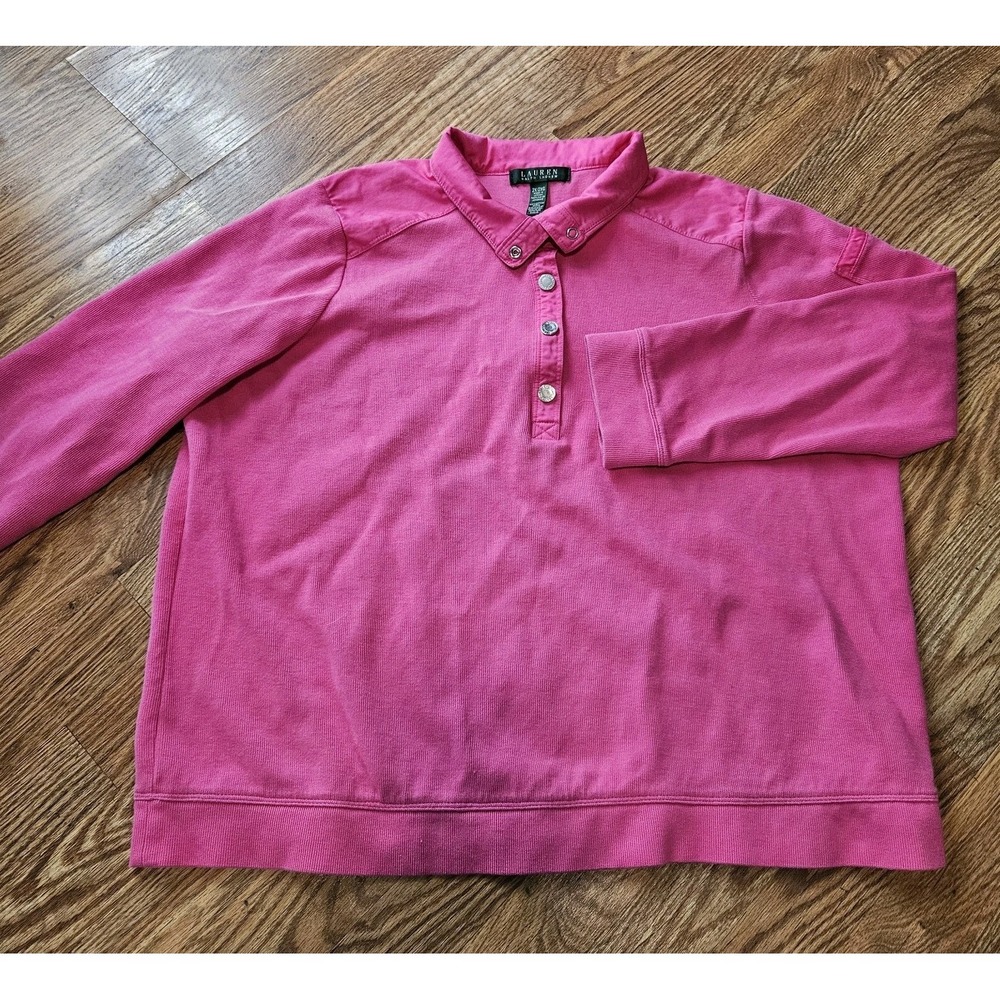 Lauren Ralph Lauren 2XL Women Pink Button Front Cotton‎ Sweater Ribbed Collared
